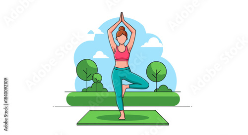 Yoga Practitioner Performing Balance Pose Outdoors With Greenery and Sky Background