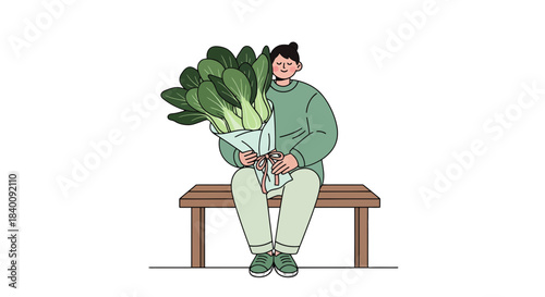 Woman Holding Large Vegetable Bouquet Of Bok Choy Sitting On A Wooden Bench Illustration