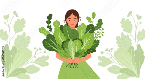 Woman Holding Lush Bouquet Of Green Leafy Greens Against A Black Backdrop