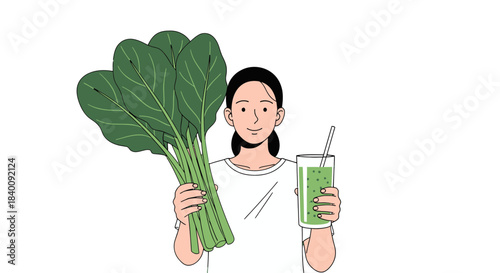 Woman Holding Organic Greens and Green Smoothie Promoting Healthy Lifestyle