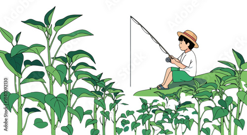 Young Angler Casting Line Amidst Lush Greenery While Enjoying a Peaceful Fishing Experience