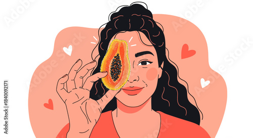 Woman Holding Papaya in Front of Her Eye With Love Hearts Floating Around
