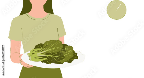 Woman Holding Platter Of Fresh Leafy Vegetables Symbolic Of Nourishment And Timely Eating Healthy