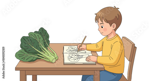 Young Artist Drawing Green Vegetable Illustration At A Wooden Table With A Pencil