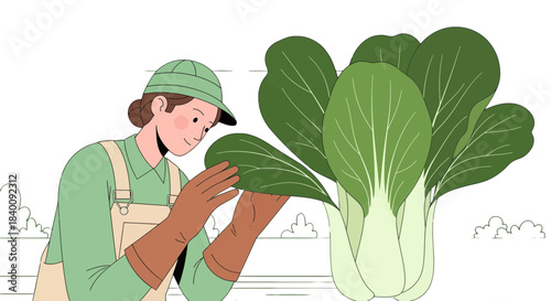Woman Inspecting Fresh Bok Choy in Garden, Illustration of Agricultural and Cultivation