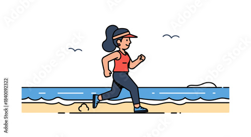 Woman Jogging Beside Ocean During Day Time Healthy Lifestyle and Morning Exercise