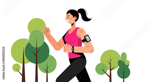 Woman Jogging In Park With Trees And Technology Gear Fitness Lifestyle Illustration