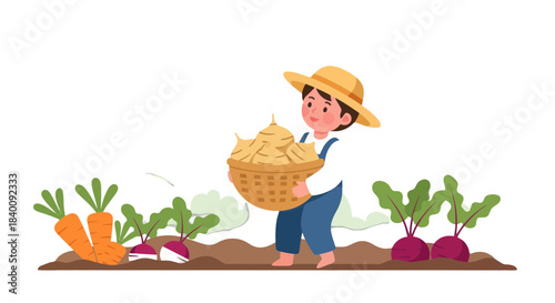 Young Farmer Harvesting Crops, Carrying Basket of Harvested Onions In A Garden
