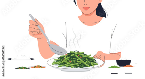 Woman Is Eating Plate Of Delicious Vegetables And Rice With A Black Background
