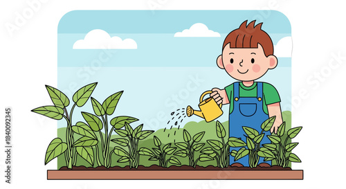 Young Gardener Nurturing His Plants With Watering Can Under A Cloudy Blue Sky