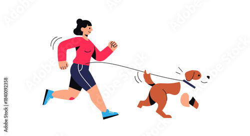Woman Jogging With Her Dog, Lively Exercise Outdoors On White Background Image