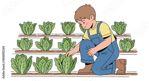 Young Gardener Tends to Lush Green Lettuce Plants in a Cultivated Garden Plot