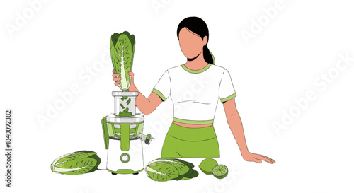 Woman Juicing Fresh Romaine Lettuce Using Modern Juicer Preparation, Healthy Diet