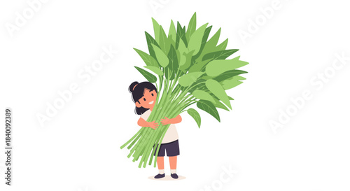 Young Girl joyfully Holding a Large Bundle of Fresh Greens Against Black Backdrop