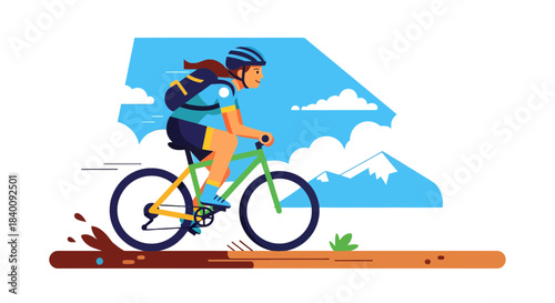 Woman Mountain Biking Illustration Amidst Nature's Majestic Landscape, Concept Art