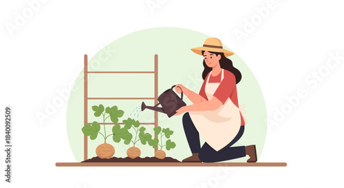 Woman Nurturing Plants Inside Garden With Watering Can Illustration Graphics Design