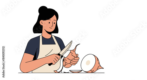 Woman Neatly Peeling A Root Vegetable In A Kitchen Setting And Preparing Food