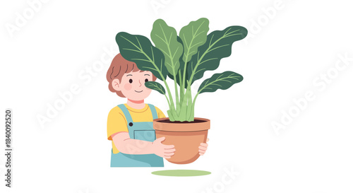 Youngster Proudly Holding Big Plant: Growing, Caring, Gardening in Black Backdrop