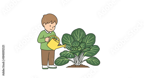 Youngster Watering Big Plant: A Fresh Illustration Of Horticulture And Nurturing Life