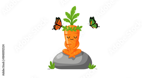 Zen Carrot Meditating With Butterflies and the Joy of Nature on Black Background