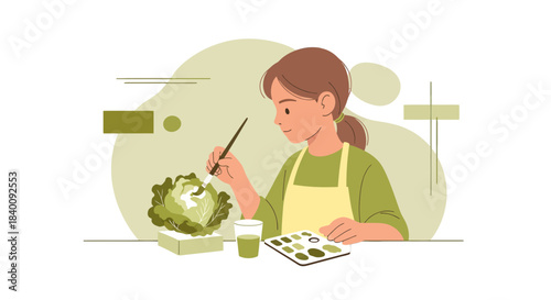 Woman Painting a Cabbage with a Brush, Illustrating a Culinary Concept