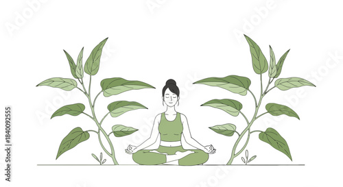 Zen Lifestyle: Woman Meditating Surrounded By Lush Greenery And Total Stillness