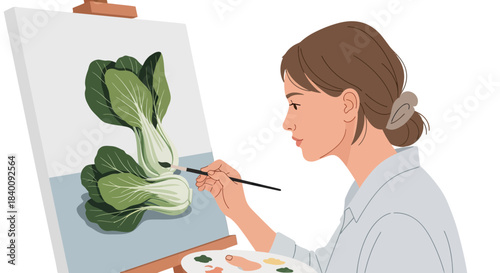 Woman Painting a Bok Choy on a Canvas Artistic Vegetable Illustration Portrait
