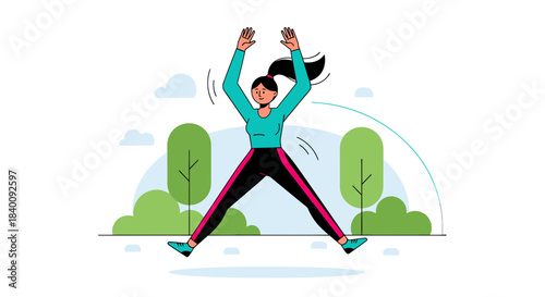 Woman Performing Jumping Exercise in Lively Park with Geometric Illustrations