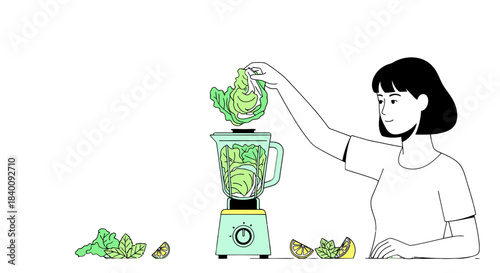 Woman Prepares a Fresh and Healthy Green Smoothie with Various Healthy Ingredients