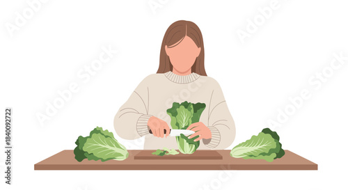 Woman Prepares Fresh Green Vegetables On Cutting Board For Nutritious Dish