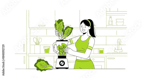 Woman Prepares Fresh Green Healthy Smoothie In Kitchen With Blender For Wellbeing