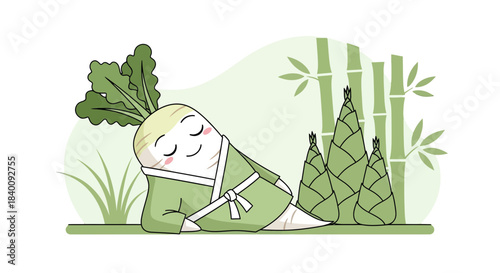 Zen-like Radish Embracing Bamboo Shoots, Displaying Tranquility and Peacefulness