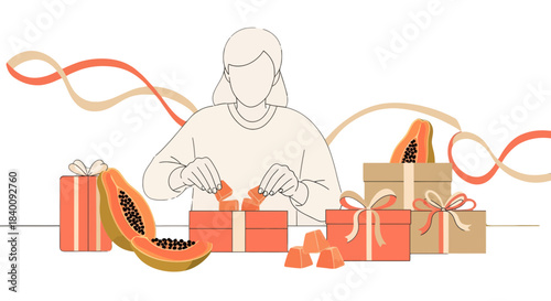 Woman Prepares Gifts And Fruit, A Tropical And Festive Presentation For Special Occasions