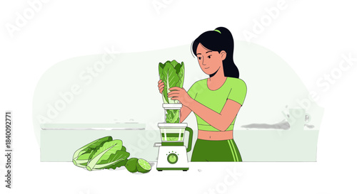 Woman Prepares Green Smoothie With Fresh Ingredients For A Health Conscious Lifestyle