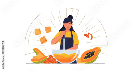 Woman Prepares Papaya Juice Surrounded by Fresh Ingredients and Tasty Snacks Ready to Eat