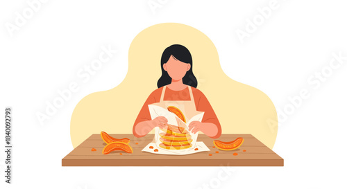 Woman Preparing a Fresh Pancake Stack with Delicious Mango Wedges on a Wooden Table