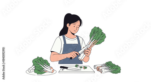 Woman Preparing Fresh Vegetables For Salad On A Cutting Board In The Kitchen