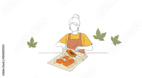 Woman Preparing Sweet Papaya Slices Representing Culinary Work, Autumnal Touch And Food