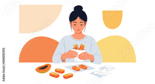 Woman Preparing Fruit Snacks with Half Papaya on Black Background Ready to Eat