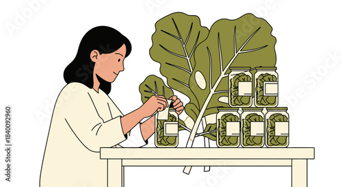 Woman Preparing Home-Canned Goods: Organic Leafy Greens Preserved in Jars