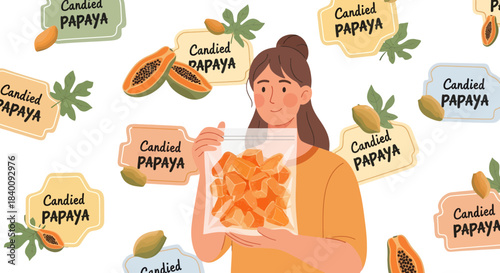 Woman Presenting Candied Papaya in Packaging With Decorative Background Design