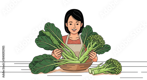 Woman Presenting Fresh Broccoli, Food Illustration with Detailed Outline and Vibrant Colors