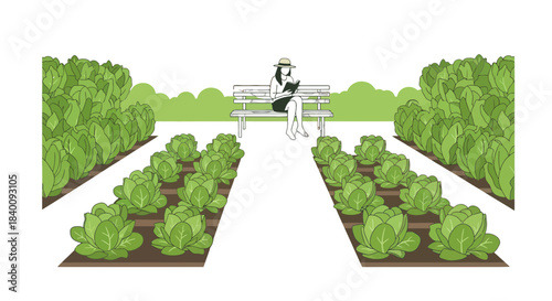 Woman Reads While Relaxing in a Garden Lined With Rows of Fresh Vegetables