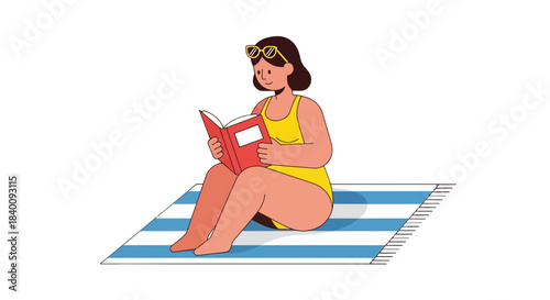 Woman Reads While Relaxing on the Beach Towel, Enjoying the Summer Day