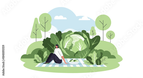 Woman Relaxing On Picnic Blanket In Forest Near A Large Head Of Cabbage