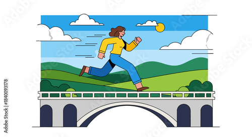 Woman Runs Across Bridge Outdoors Illustrating Freedom And Active Lifestyle Pursuit