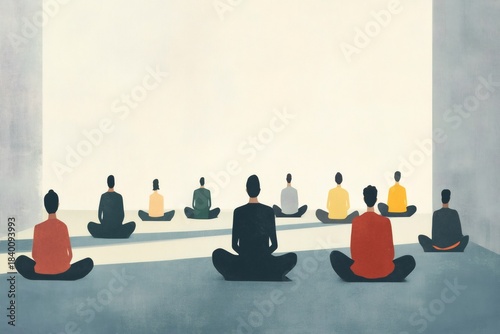 Diverse people sitting in silence during a group meditation session, illustrating mindfulness, wellness, and collective inner peace
