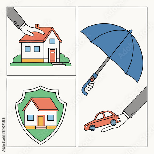 Vector illustration insurance concept illustration showing protection for home and car, with hands offering coverage and a shield symbol, white
