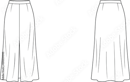 Elegant Flowy Maxi Skirt Technical Drawing Flat Sketch Apparel Design Template CAD Fashion Vector Illustration Long A-Line Drape Waistband Seam Zipper Slit Back Front View Blank Mockup Tailored.