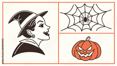 Vector illustration vintage halloween collage witch profile, spiderweb with spider, and jackolantern